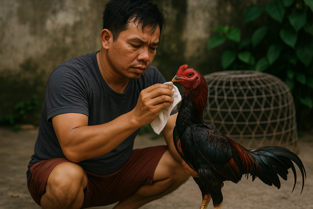 Cho gà chọi uống điện giải và nghỉ nơi thoáng mát; hỗ trợ phục hồi an toàn sau tập luyện.
